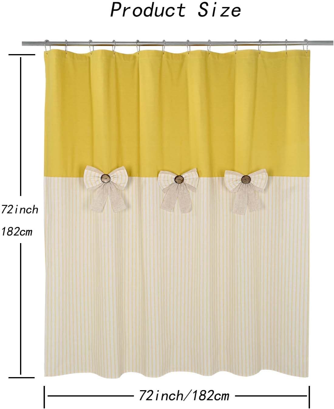 Farmhouse Yellow Shower Curtain,Bowknot,Cotton Blend Fabric,Pleated Yellow Stripe,Country Style,72x72 in