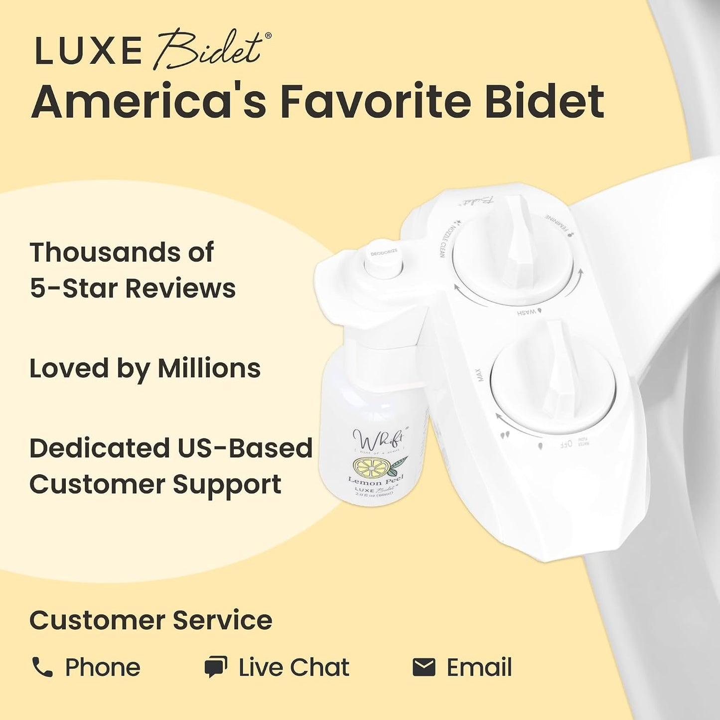 Whift 185 Bidet With Built-In Deodorizing Spray, Non-Electric Cold Water Bidet Attachment For Toilet Seat, Lemon Spray Included, Easy Slide-In Install, Rear & Feminine Wash (White)