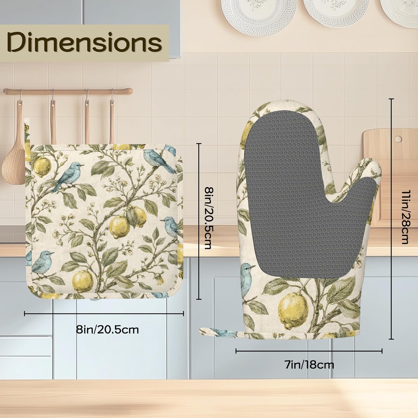 Vintage Blue Bird Oven Mitts and Pot Holders Sets Silicone Botanical Lemon Kitchen Mitts Potholders Heat Resistant 4Pcs Oven Gloves Hot Pads for Kitchen Baking Cooking