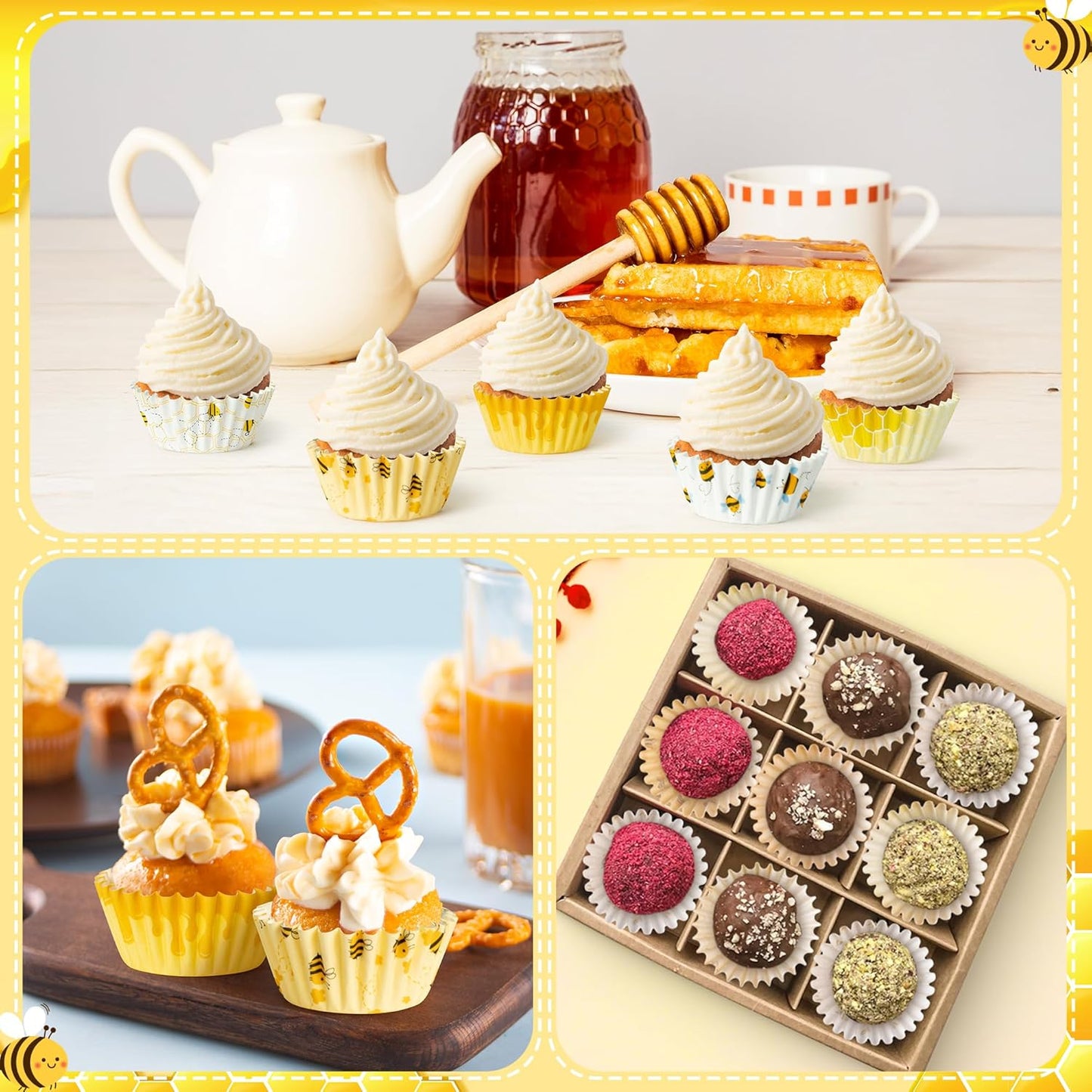 Bee Mini Cupcake Liners - 600pcs Summer Baking Cups Muffin Paper Cupcakes Wrappers for Birthday Party, Yellow Honey Candy Cake Chocolate Wrap Making Supplies for Baby Shower Wedding (10 Styles)