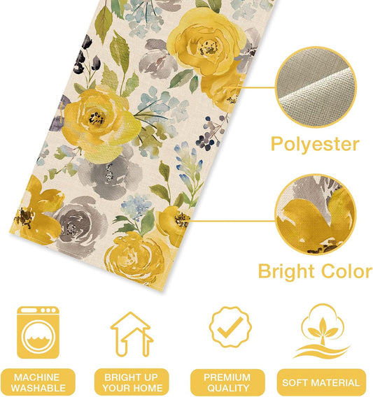 Spring Yellow Floral Flowers Table Runner, Rose Peony Watercolor Kitchen Dining Table Decor, Seasonal Summer Burlap Home Decoration Indoor Outdoor Party Supply 13 x 72 Inches