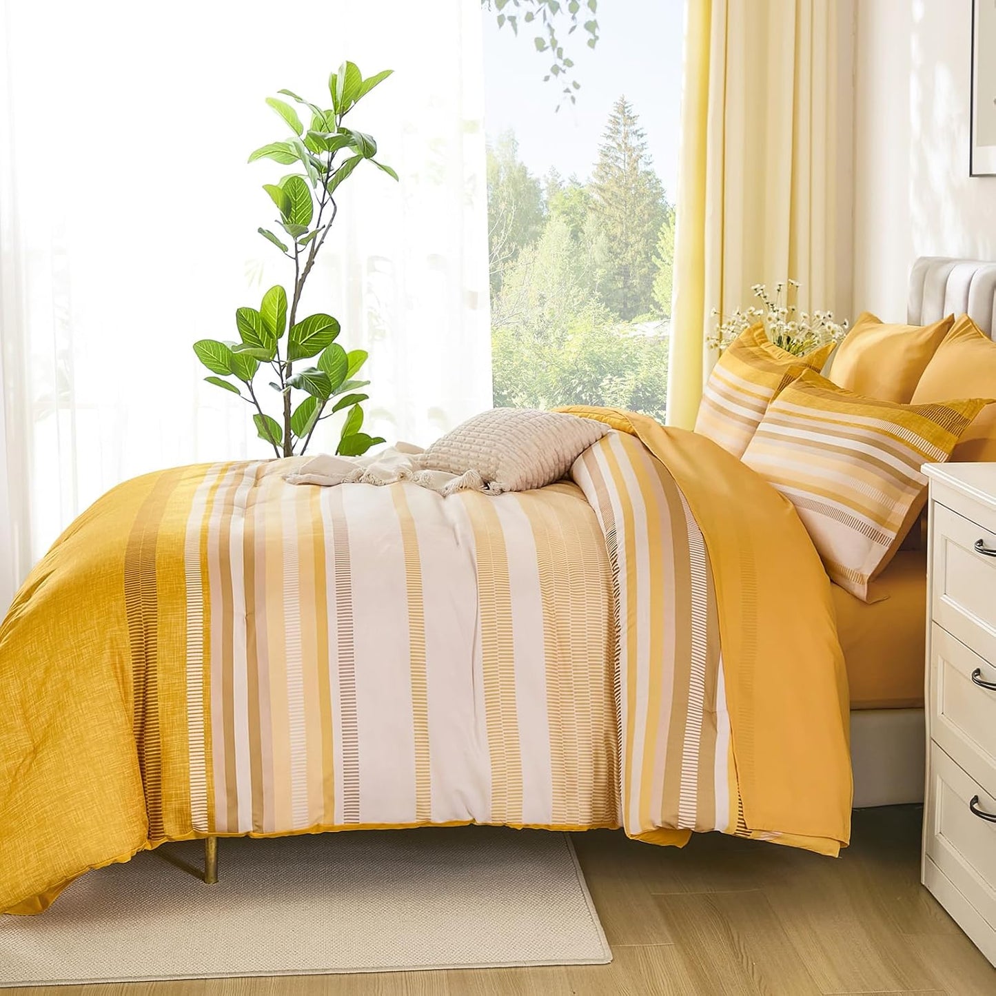 Yellow Comforter Set King Size 7 Piece, Boho Striped Bed in a Bag King Soft Microfiber Bedding Sets with Comforter, Sheets, Pillowcases & Shams All Season