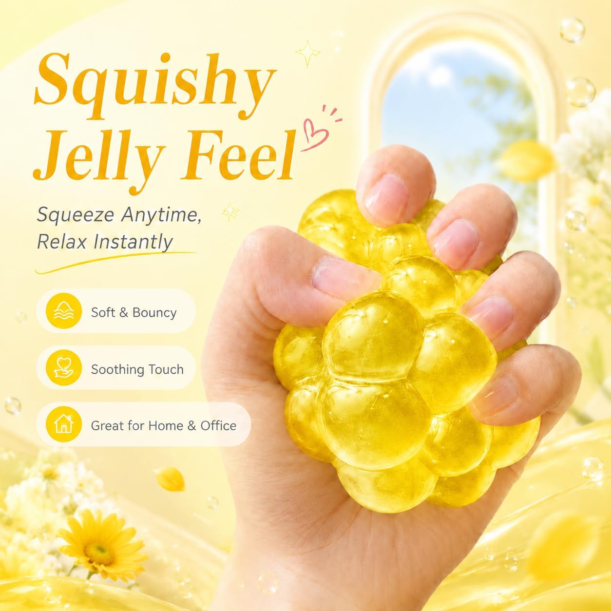 Heavy Duty Squishy Block Toy, 2" Stress Relief Ball, Sensory Fidget Toy for Adults , Calming Desk Accessory and Heavy Squeeze Toy (Bumpy Yellow Cube)
