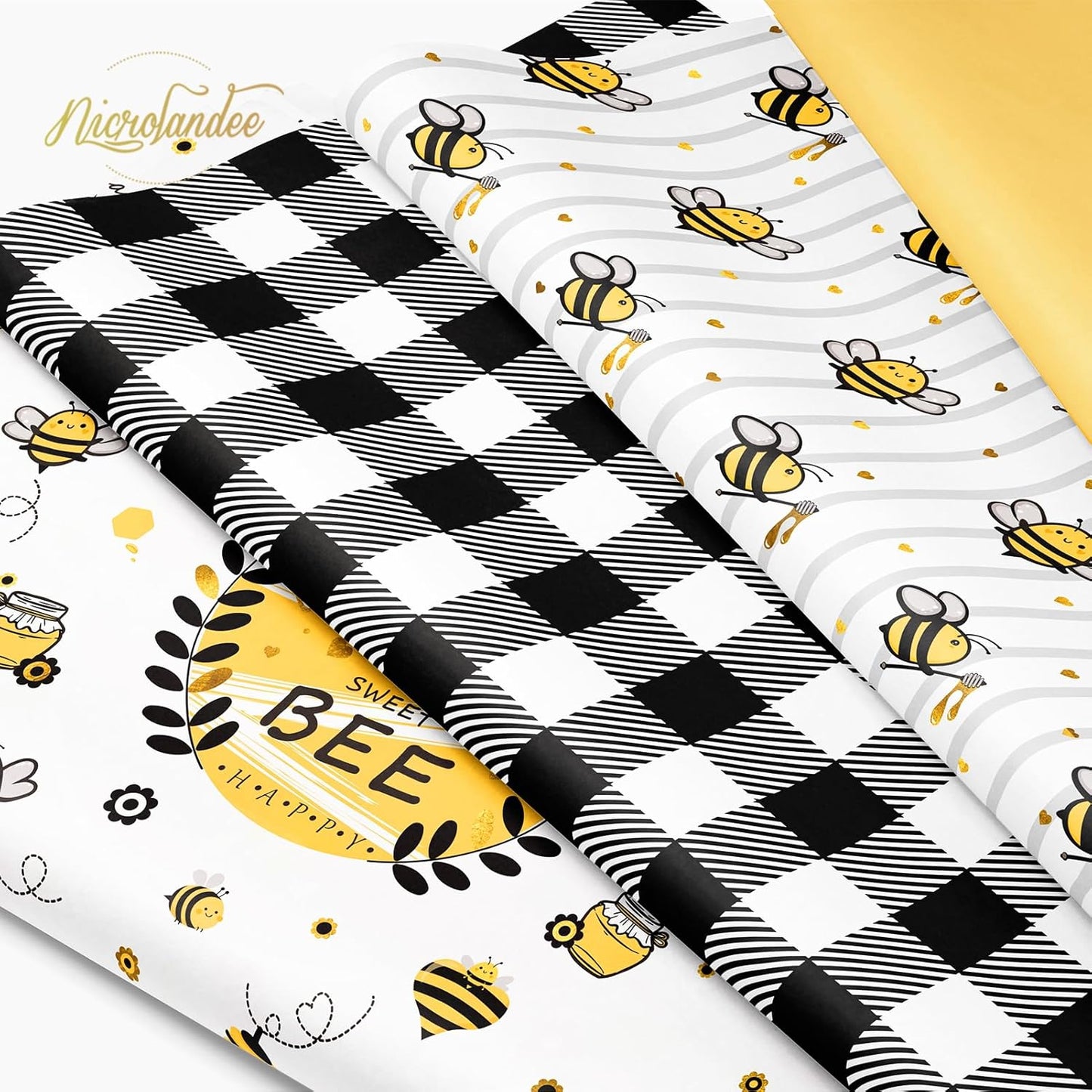 Bee Party Supplies - 24 Sheets Tissue Paper, Yellow Black Honey Bee Wrapping Tissue Paper for Birthday Baby Shower Gender Reveal Party Decoration