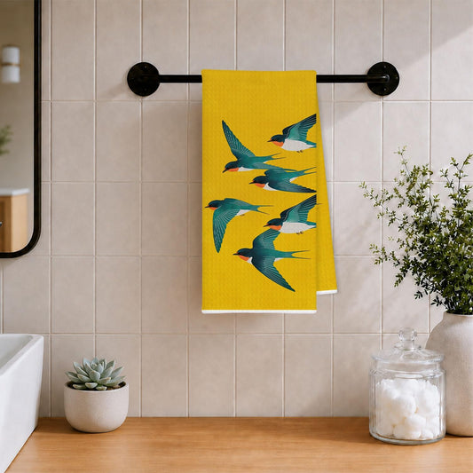 Yellow Swallow Bird Kitchen Dish Towels, Gifts for Bird Lovers Watchers, Modern Japanese Art Inspired Swallow Decorative Hand Towels for Kitchen Bathroom, 16x24 Inch