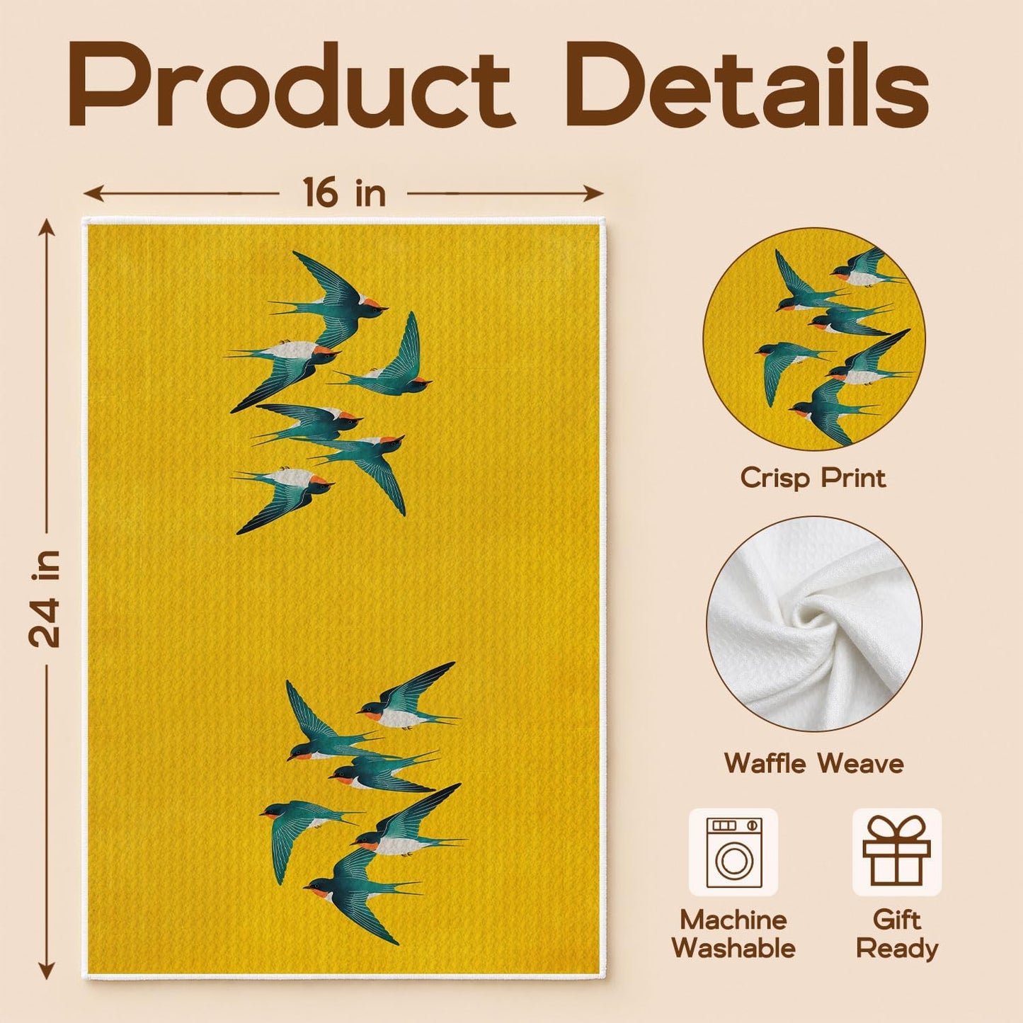 Yellow Swallow Bird Kitchen Dish Towels, Gifts for Bird Lovers Watchers, Modern Japanese Art Inspired Swallow Decorative Hand Towels for Kitchen Bathroom, 16x24 Inch
