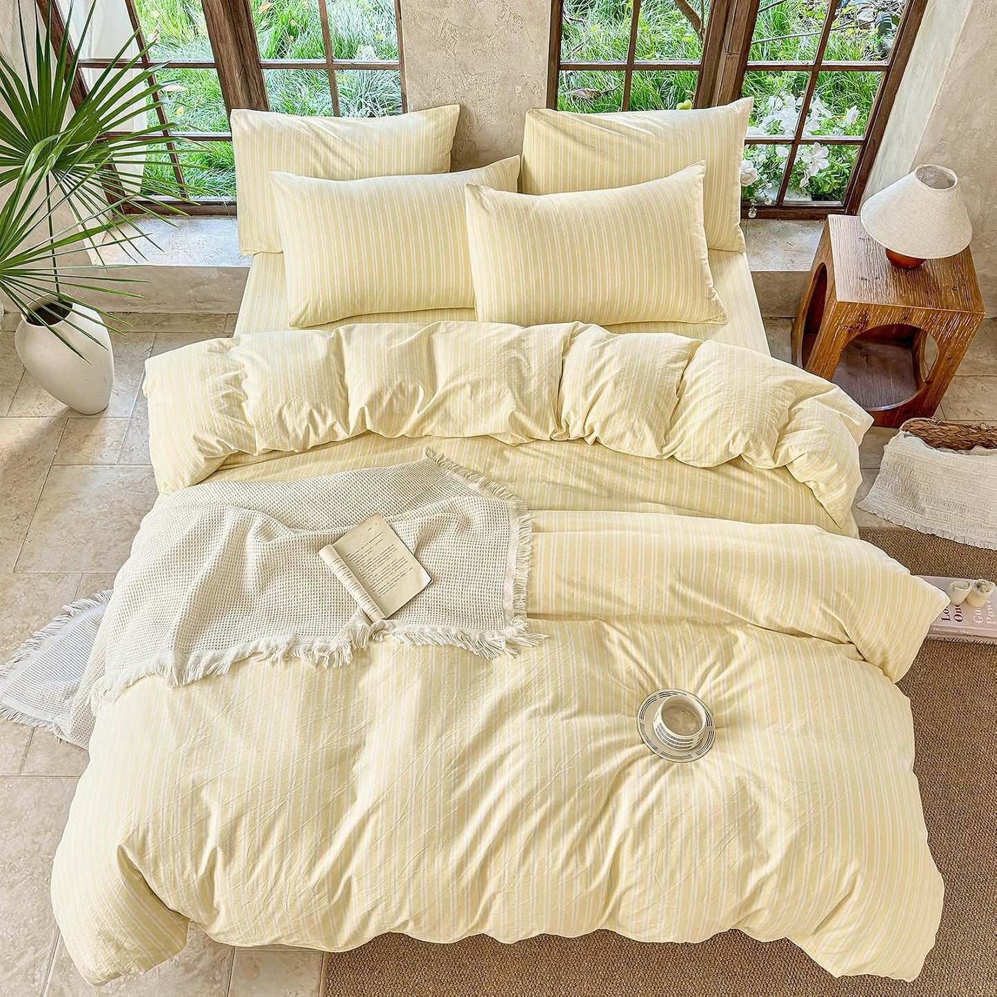 Yellow Striped Duvet Cover Set 100% Washed Cotton Linen Like Soft Feelling Breathable Bedding(Light Yellow/White Strip,King)