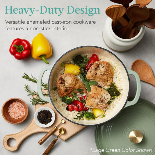7.5 Quart Enamel Cast-Iron Round Dutch Oven, Family Style Heavy-Duty Pre-Seasoned Cookware for Home, Kitchen, Dining Room, Oven Safe w/Lid, Dual Handles - Lemon Meringue