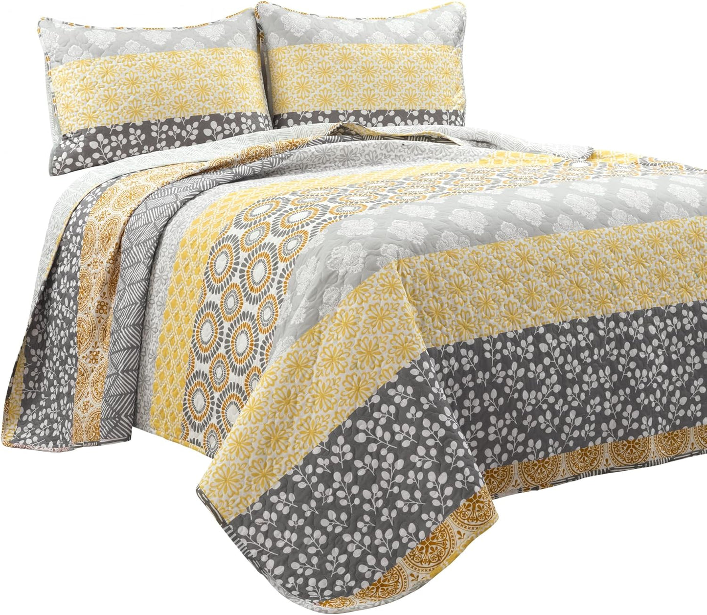 Bohemian Stripe Quilt 3 Piece Set California King, Yellow/Gray - Striped Bedding Set - Yellow Quilt - California King Quilt - Boho Decor