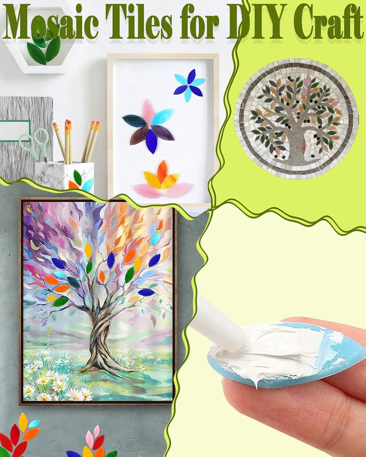 200g Flower Petal Stained Glass Tiles for Craft, 2inch Leaf Mosaic Tiles Pieces Kit for DIY Coaster Trivet Planter Mirror Lamp House Number Home Decorations (Yellow)