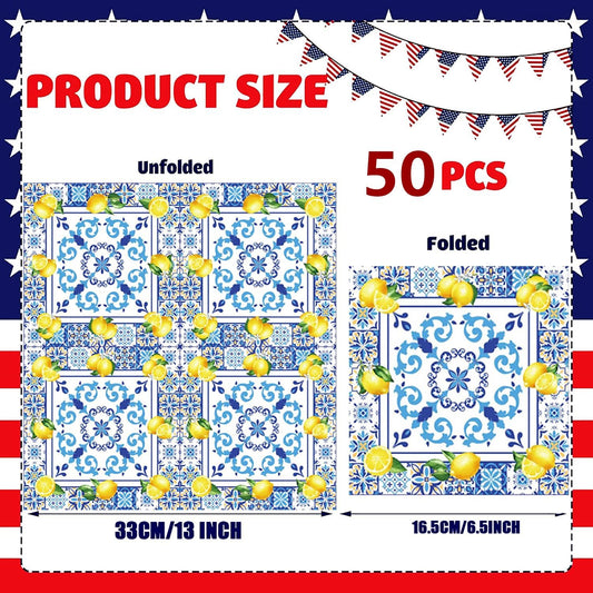 50Pack Capri Lemon Cocktail Napkins Blue Tiles Yellow Lemon Napkin CapriLemon Citrus Fruit Paper Napkin Capri Lemons Napkins for Baby Shower Lemon Italian Theme Birthday Party Decor (Yellow)