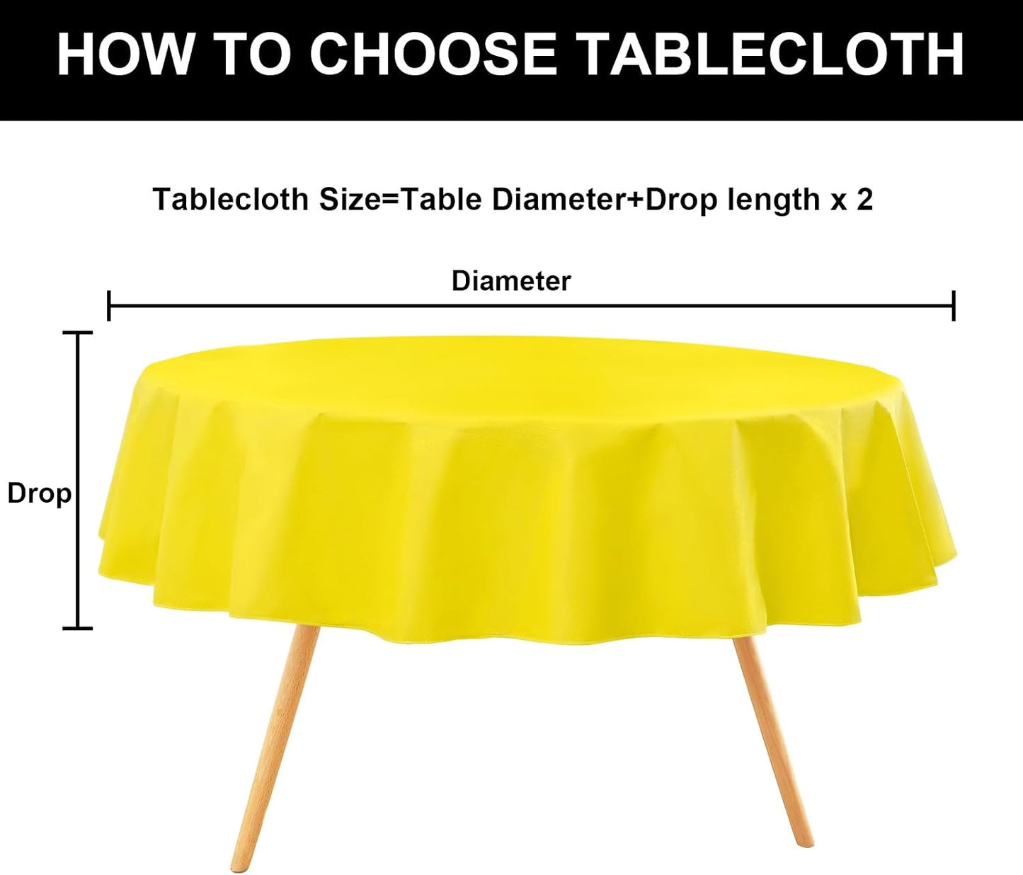 Round Vinyl Tablecloth, Waterproof Spillproof Plastic Flannel Backed Table Cloth, Wipe Clean Table Cover for Dining, Buffet Parties and Camping (Yellow, 60")