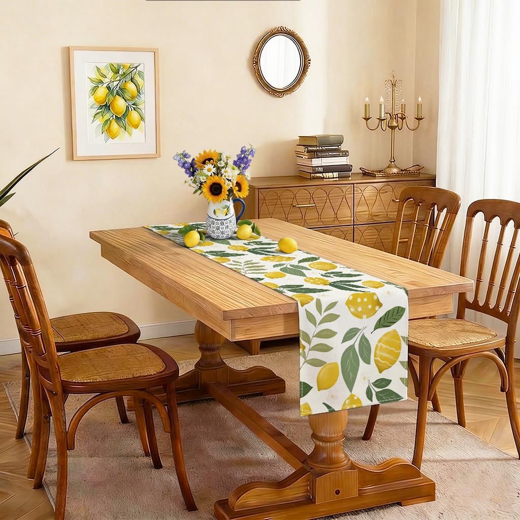 Lemon Tree Flower Summer Table Runner, Sunshine Eucalyptus Leaves Polka Dot Seasonal Holiday Kitchen Dining Table Decoration for Home Party Indoor (13 x 72 inch)