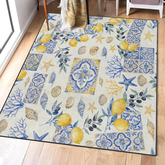 Area Rugs 3'x5' Washable Rug, Mediterranean Lemon Watercolor Stain Resistant Non Slip Backing Coastal Seashell Carpet for Living Room Bedroom Dining Room