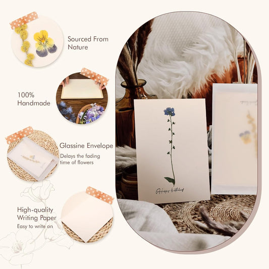 Handmade Pressed Flower Greeting Cards – Real Dried Botanical Art for Birthdays, Weddings, and Thank You Notes – Eco-Friendly Gift for Nature Lovers | larkspur,forget-me-not,viola