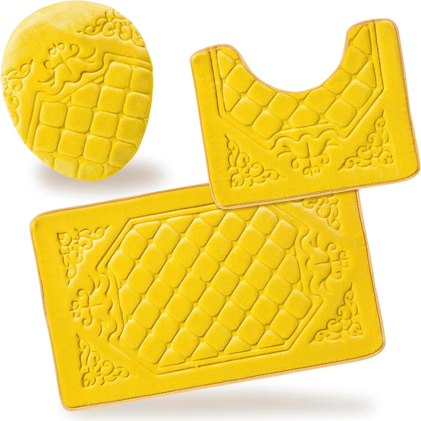 3PC Memory Foam Bath Mats Soft Plush Crown Design Anti-Slip Shower Bathroom Contour Toilet Lid Cover Rugs (Yellow)