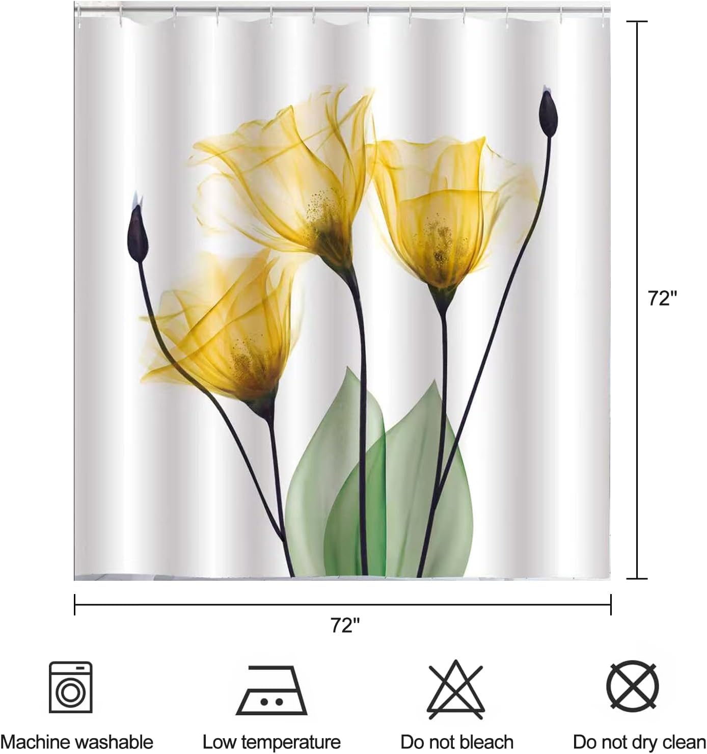 Yellow Tulip Floral Shower Curtain Watercolor Spring Flower Shower Curtains for Bathroom Waterproof Polyester Fabric Bathroom Curtain 72 x 72 Inch with 12 Hooks