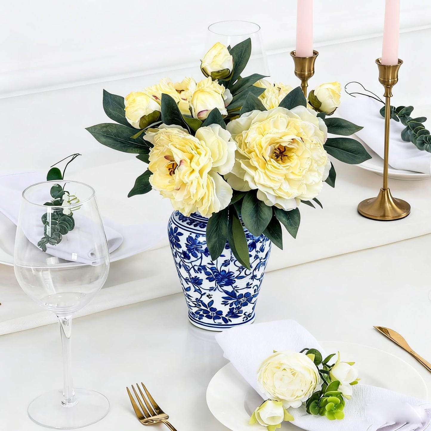 19.2" Realistic Artificial Silk Peonies Bouquet (4, Yellow) | 4-pack 19.2" realistic artificial silk peony flowers. Soft, silk petals perfect for vibrant centerpieces & festive decor.