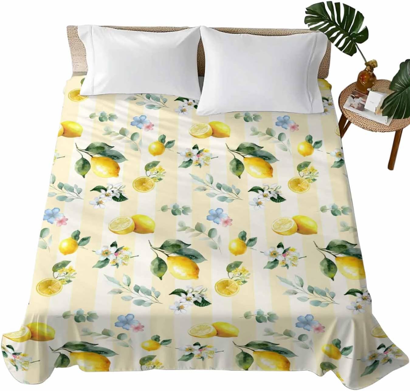 Queen Size Top Sheet Only, Summer Lemon Leaves Flower Flat Sheet Microfiber Breathable Soft Bed Sheets, Watercolor Yellow Stripes Hotel Bedding Flat Sheets for Bedroom