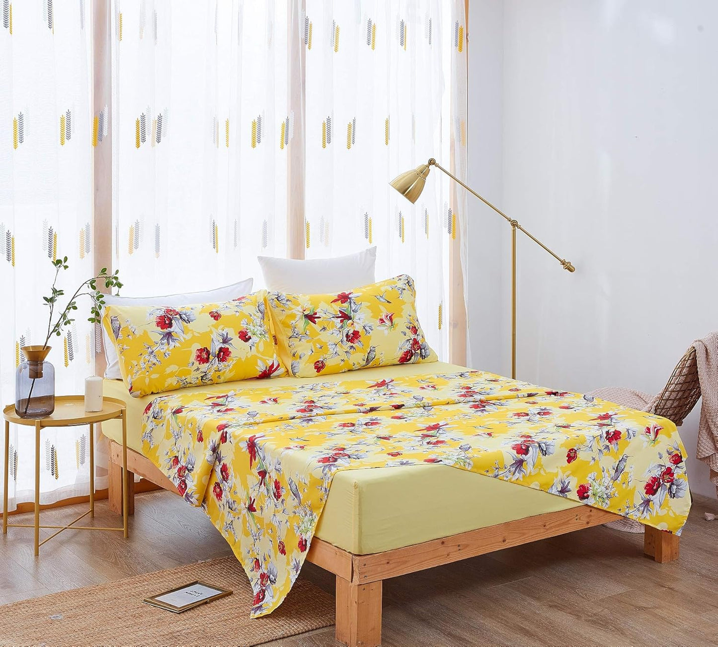 DaDa Bedding Radiant Sunshine Hummingbirds Bed Sheets, Yellow, Queen | Multi-Colorful Red Flowers, Fitted and Flat Sheets, With Pillow Cases, 4-Pieces