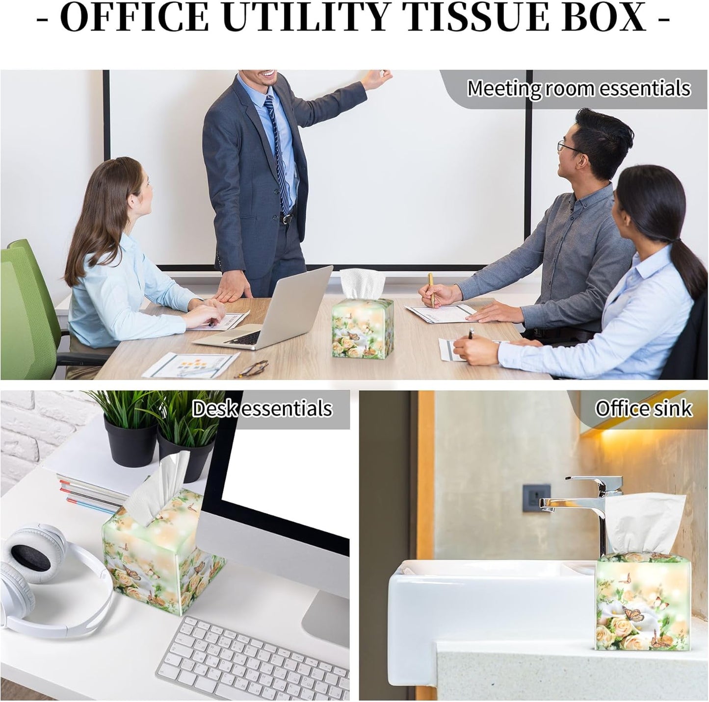 Rose Flowers and Butterfly Tissue Box Cover Square,Yellow Roses Floral Tissue Box Holder Waterproof Leather Facial Paper Organizer Dispenser for Bathroom Home Car Nightstand Vanity Desk