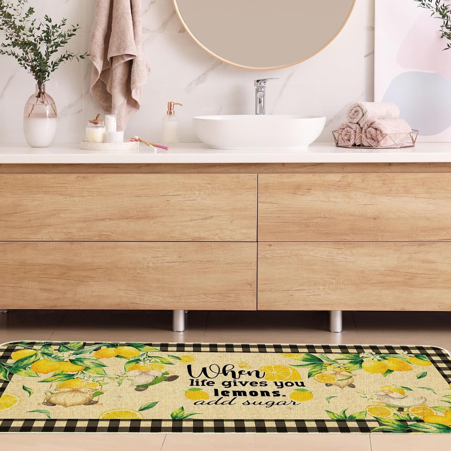 Lemon Kitchen Mats Set of 2, Farmhouse Truck Mat for Floor, Plaid Spring and Summer Decorations 17"x27+17"x47"
