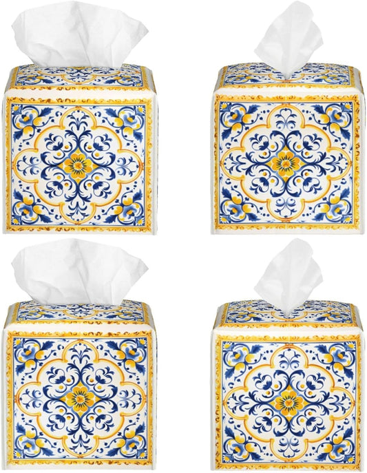 Yellow Blue Ceramic Tile Pattern Tissue Box Cover Square PU Leather Waterproof Tissue Box Holder for Car Bathroom Bedroom Office Tabletop Decor