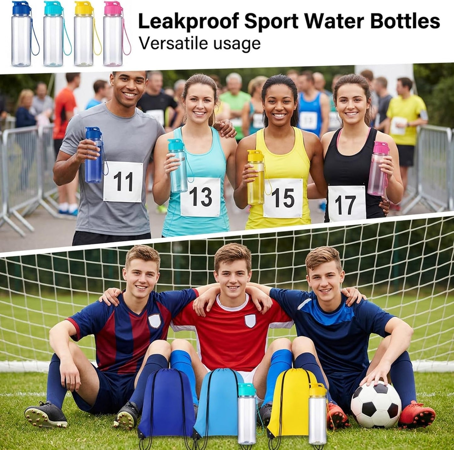 12 Pack Plastic Water Bottles Bulk with Drawstring Backpack Set, Reusable Leakproof Flip Top Water Bottles for Adults, Sports, Gym, Travel, Party, Outdoor - Yellow, Navy, Light Blue, Pink