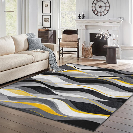 Area Rug 5'x7' Abstract Modern Yellow Washable | Living Room Rug Geometric Retro Non-Slip Soft Low Pile Carpet