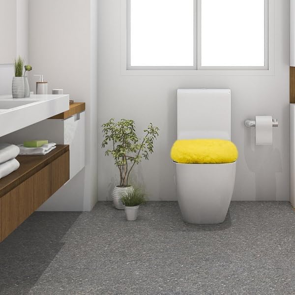 Soft Fluffy Toilet Lid Cover Yellow 17.7" x 19.7" | Adjustable Non Slip Backing, Washable Absorbent Toilet Seat Cover for Most Bathroom Elongated and Oblong Lid