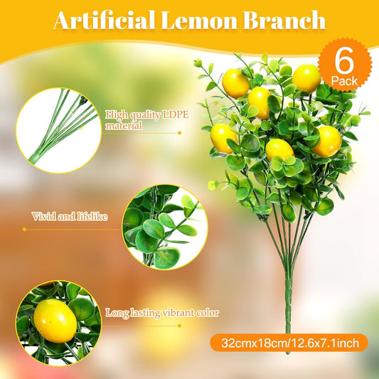 6 Pack Lemon for Decoration Fake Lemon Branches Artificial Vivid Yellow Faux Lemons Tables Centerpiece for Kitchen Stem Fruits for Home Spring Summer Decor