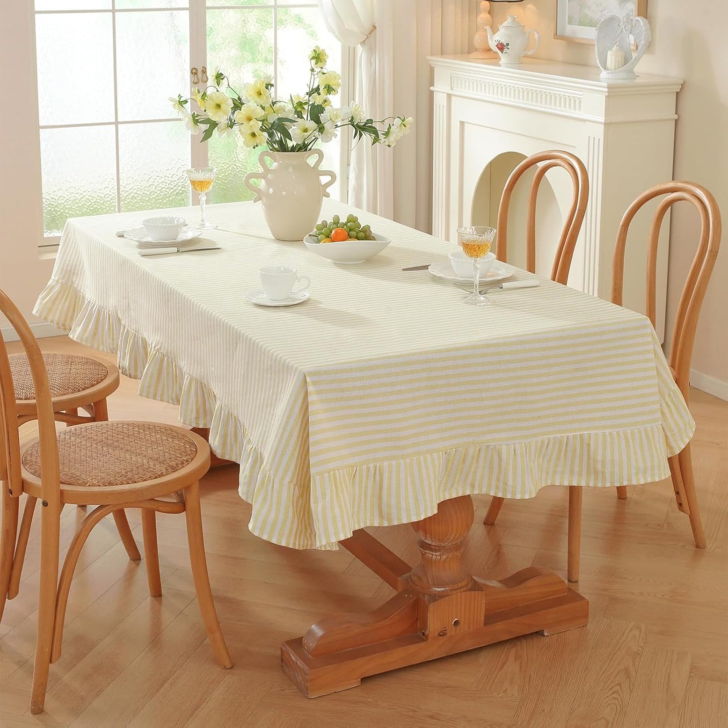 Striped Ruffled Tablecloth Square Fall Cotton Blend Stripe Table Cloth with Tassel, Farmhouse Washable Wrinkle Free Table Cover for Thanksgiving Outdoor Picnic Party Kitchen, Yellow, 55''x55''