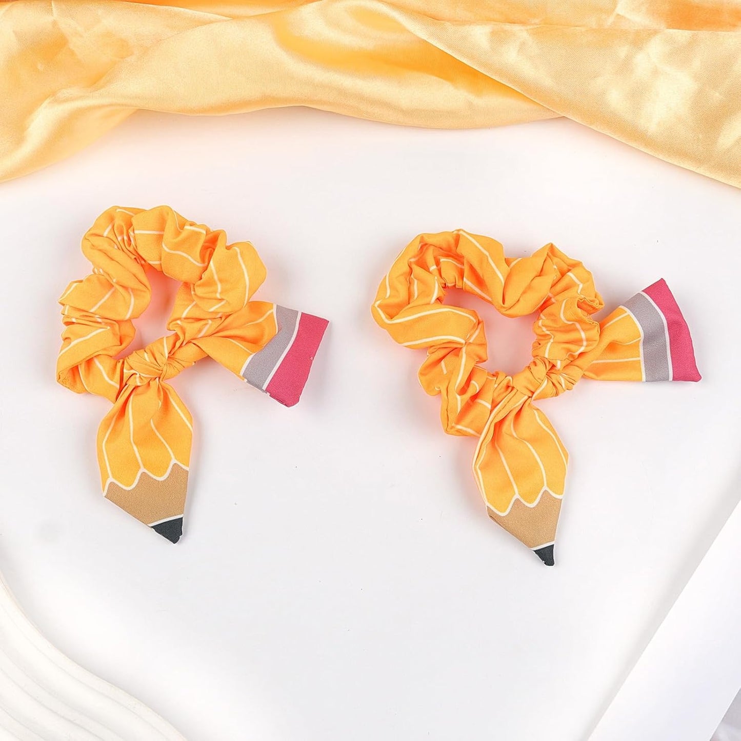 Back to School Hair Ties Yellow Pencil Bow Hair Bands Stripe Pencil Hair Scrunchies Elastic Rubber Bands Ponytail Holders Hair Accessories for Women Girls First Day of School Party Favor 2Pcs