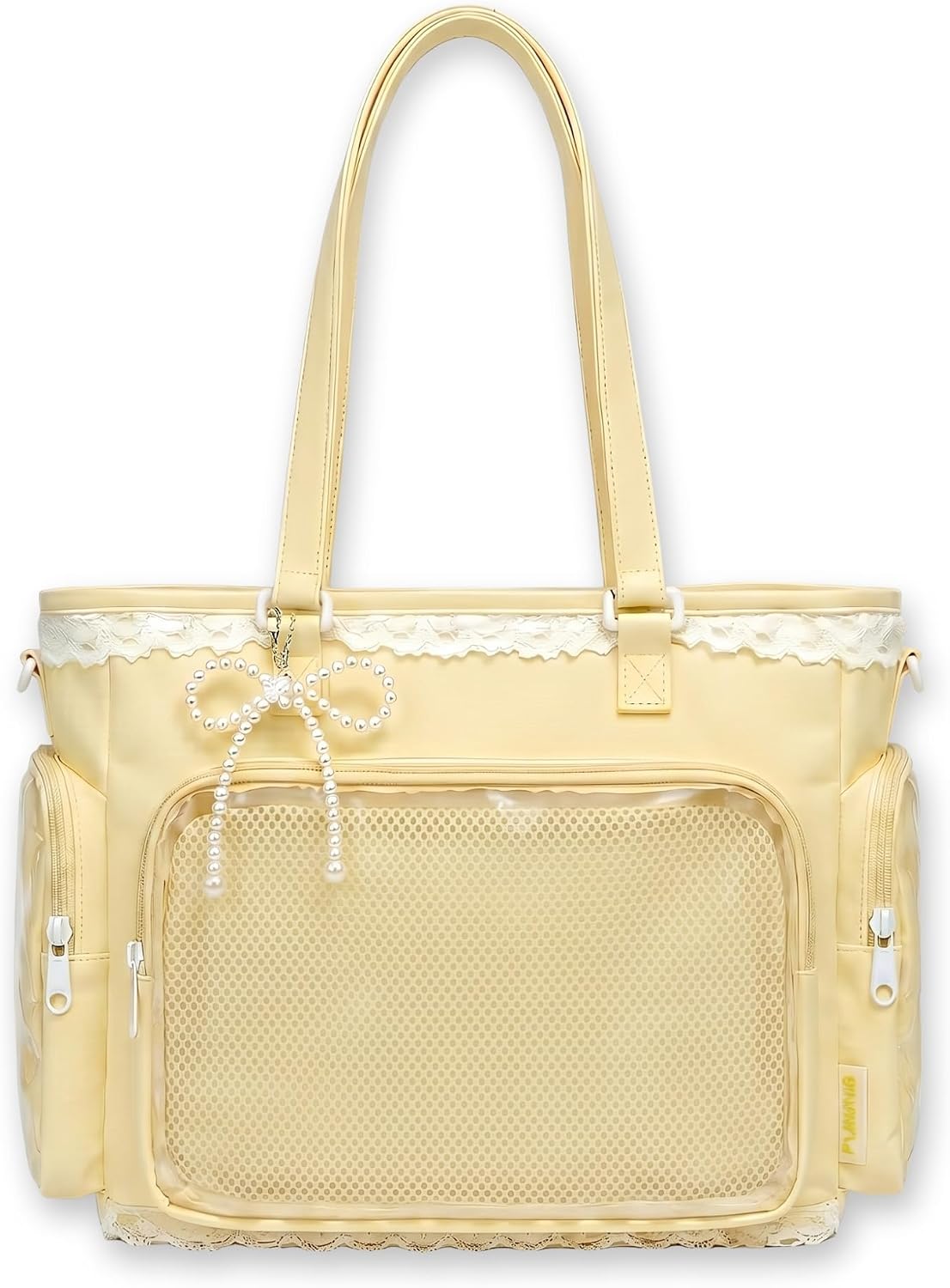Kawaii Ita Tote Crossbody Bag with Insert Anime Pin Display,Yellow | Large Lace Clear Window Pin Collect Bag, Ruffle Ita Bag with Mesh Texture Insert for Cosplay Lolita, (No Pins)