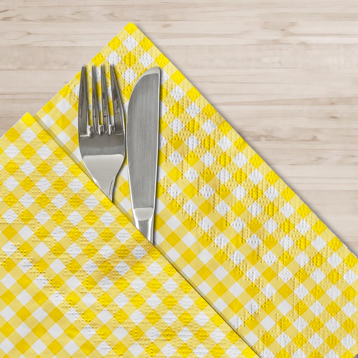 Party Supplies, Disposable Paper Napkins Yellow and White Gingham Napkins for Easter Party(3-ply, 6.5X6.5 in, 50-Pack)