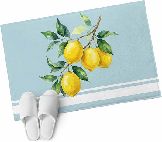 Rectangle Area Rug for Living Room Watercolor Yellow Lemon Leaves Soft Non Slip Carpet Low Pile Rugs, Summer Fruit on Light Blue Large Warm Washable Throw Rug for Bedroom Dining Room Dorm 2x3ft