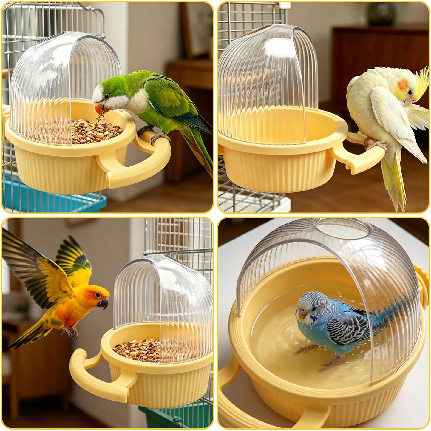 No Mess Bird Feeder for Cage Parrot Seed Food Water Bowl (Yellow) | No mess, with dispenser, multifunctional, large capacity, for parrot/quaker/lory/conure/cockatiel/senegal parrot/caique