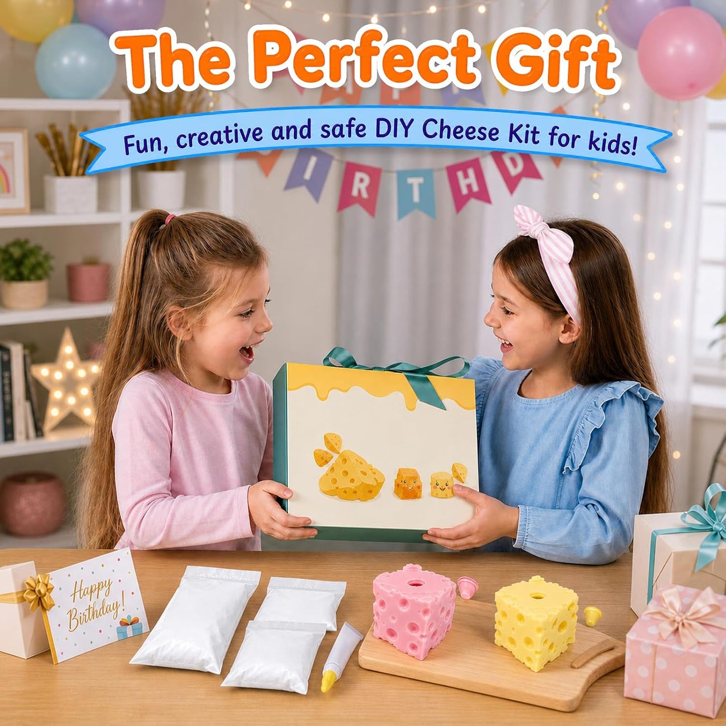 2Pcs Cheese Squishy Skin Stress Ball Making Kit - Easy Handmade Sensory Squishy Toys | Includes 2 Cheese-Shaped TPR Skins and 3.5 oz Filler; ASMR Craft Anxiety Relief Cheese Squishies(Pink and Yellow)