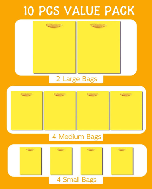 Bright Yellow Gift Bags with Tissue Paper Mulit Assorted Sizes 10PCS Present Birthday Bags(2pcs Large 13", 4pcs Medium 9", 4pcs Small 6", Tissue Paper)