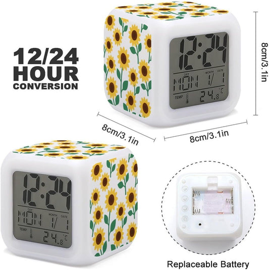 LED Digital Alarm Clock with 7 Color Changing Night Light | Yellow Sunflower, Multi-functional Calendar Temperature Time Date Display, Wake up Clock for Bedroom Bedside Decor