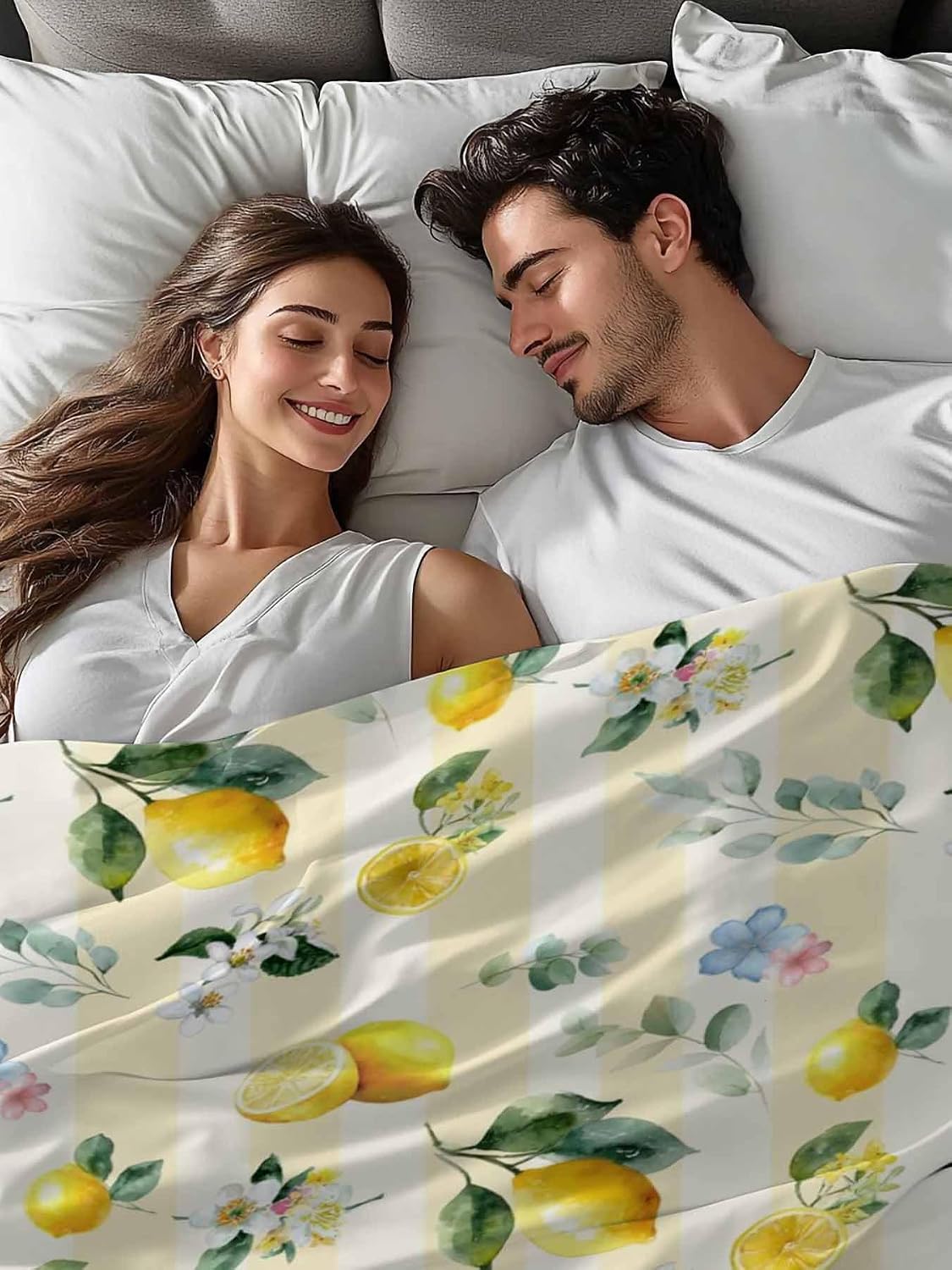 Twin Size Flat Sheet Only, Summer Lemon Leaves Flower Bed Top Sheet Soft Microfiber Breathable Bedding Flat Sheets, Watercolor Yellow Stripes Top Sheets Hotel Luxury