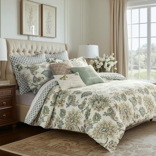 Grey Palladium Comforter Set - Full/Queen Comforter (90x94in.) + Two Standard Pillow Cases (26x20in.) - Paisley - Green, Yellow, Grey, Blue and White - Cotton