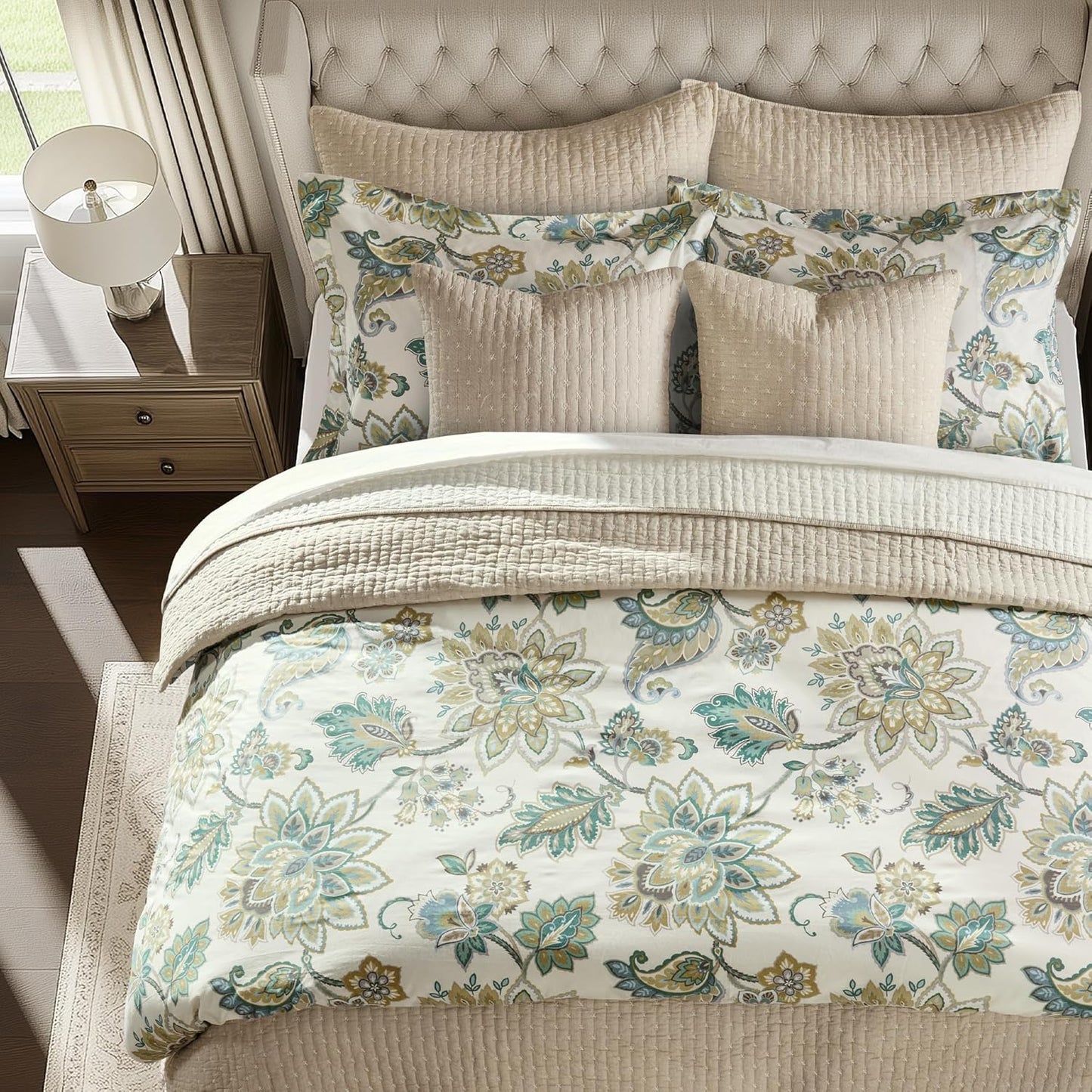 Grey Palladium Comforter Set - Full/Queen Comforter (90x94in.) + Two Standard Pillow Cases (26x20in.) - Paisley - Green, Yellow, Grey, Blue and White - Cotton