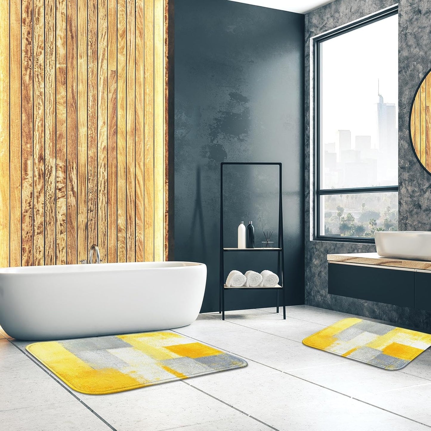 Bath Mat for Bathroom Yellow Gray Abstract Graffiti Geometric Bath Rug Floor Mat Bathroom Decorations 16x24 Inches for Kitchen Bedroom Indoor