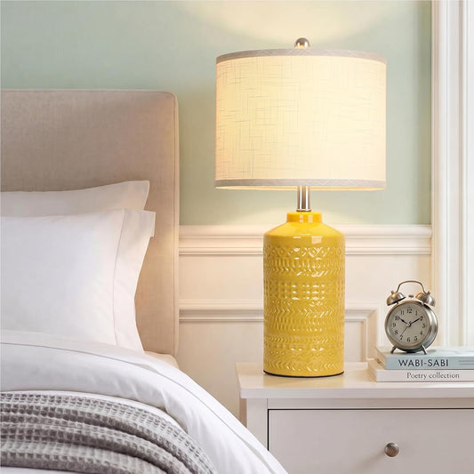 25" Modern Bedside Ceramic Table Lamps for Living Room Mustard Yellow Nightstand 3-Way Dimmable Lamp Farmhouse Lamp for Bedroom Entryway Tabletop(Bulb Included)