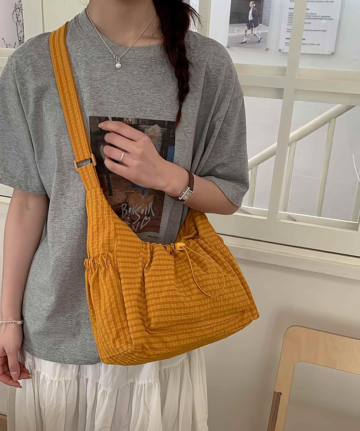 Plaid Crossbody Bags, Slouchy Hobo Crossbody Bag, Cute Messenger Bag, Nylon Crescent Crossbody Purse, Trendy Everyday Purse