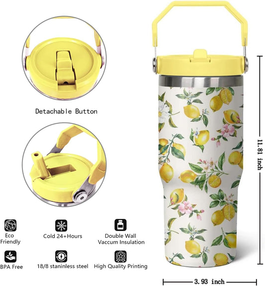 30 oz Lemon Flip Tumbler with lid and Straw, Lemon Gifts for Women, Coffee Travel Mug Cup Water Bottle