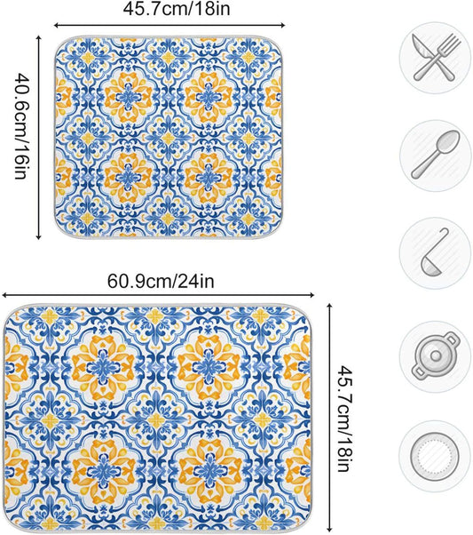 Boho Dish Drying Mat for Kitchen Counter, Blue Yellow Moroccan Print Drying Pad Absorbent Dishes Drainer Mats Trivet 16 x 18 Inch