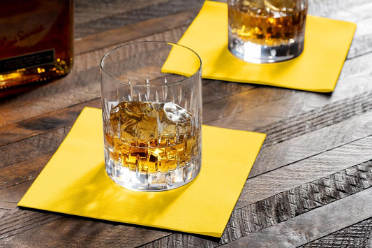 Disposable Yellow Cocktail Napkins Paper - 4" x 4" High-End Linen-Like Beverage Party Square Paper Napkin Pack for Bar, Cafe, Restaurant, Christmas, Birthday, Wedding, Baby Shower - 100 Count
