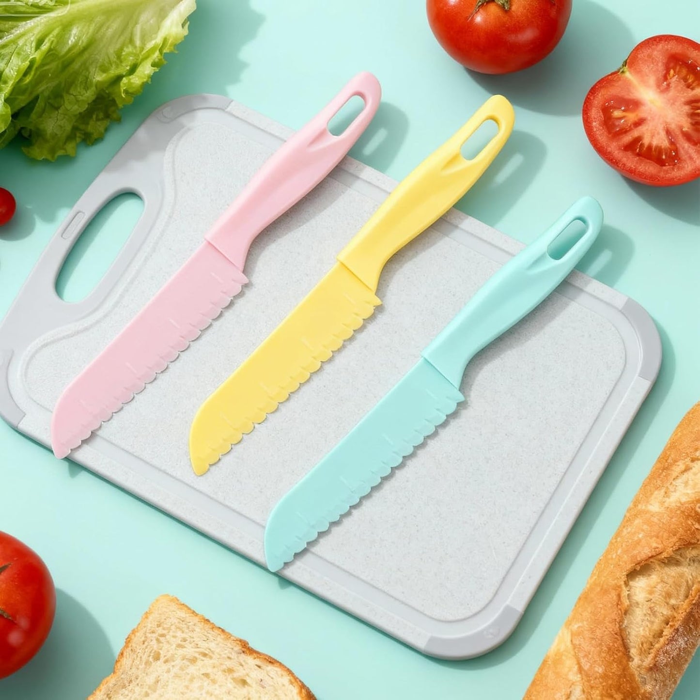 3 Pack Lettuce Knife, 8-Inch Nylon Knives,Plastic Lettuce Knife to Prevent Browning,Dishwasher Safe Kitchen Utensils, Perfect for Vegetables, Fruits, Bread, Cake, and Salad(Blue,Pink,Yellow small)